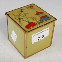 An early 20th century green ground chinoiserie desk inkwell of square form, the hinged cover opening