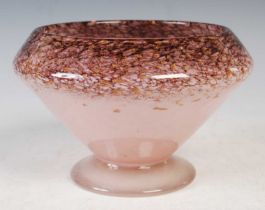 A Monart glass bowl, mottled purple and pink with gold coloured inclusions, bearing original