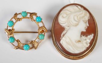 A yellow metal and turquoise cabochon circular openwork brooch stamped '9CT', together with a 9ct