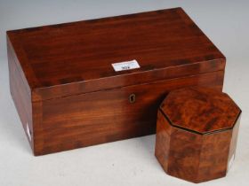 An early 20th century walnut octagonal-shaped tea caddy with satinwood and ebonised inlaid