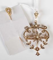 An early 20th century yellow metal and split pearl Art Nouveau style pendant, stamped '9ct', gross