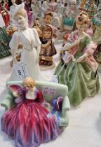 Three female figures comprising Royal Doulton 'Sweet & Twenty HN1589', Royal Worcester 'First