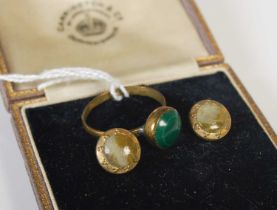 A pair of yellow metal and onyx stud earrings, together with a yellow metal and green malachite