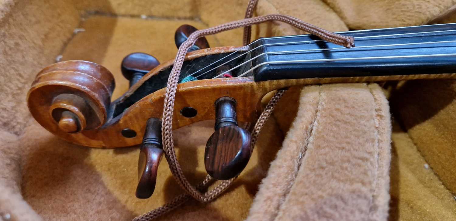An antique violin, probably maple wood, with an 'Aubert A Mirecourt of France' bridge, bearing paper - Image 2 of 3