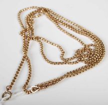 A long yellow metal necklace/ guard chain stamped '9CT', approx. 146cm long, gross weight 32.4