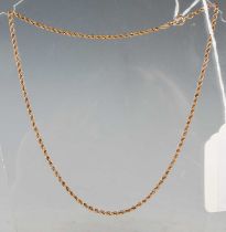 A yellow metal rope twist necklace, stamped '9ct', gross weight 6.3 grams.
