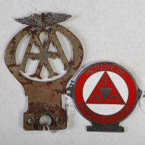 A 1906 - 1930 AA car badge number 854827, together with an 'Institute of Advanced Motorists' car