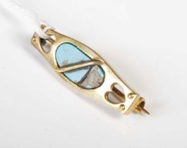 An Art Nouveau yellow metal and turquoise brooch, stamped 'MB' probably for Murrle Bennett,