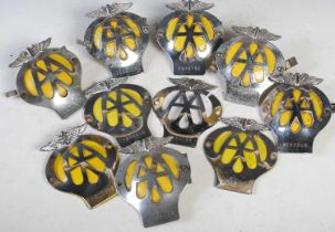 A group of ten vintage AA car badges 1957 - 1967, badge numbers 8A08823, 6B80584, 7B58615,