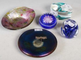 An iridescent English-made glass form Art Nouveau style paperweight by J. Ditchfield set with