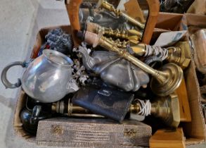 A box of assorted mixed items to include a brass candlestick, a pair of brass candlesticks converted