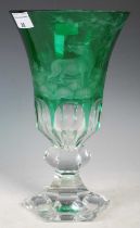 A 20th century Bohemian green and clear glass overlaid goblet with wheel cut decoration of stag in a