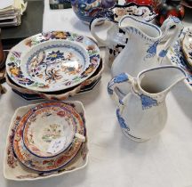 A group of antique ceramics to include an Ironstone Stoke Works floral design soup plate, a pair