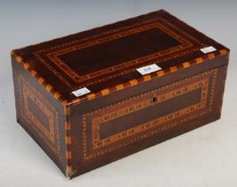 A 19th century mahogany and parquetry inlaid sewing box with satinwood and ebonised inlay.