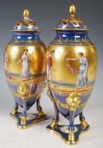 A near pair of 19th century Vienna style urns & covers, ‘Blymanfert’ and ‘Claudina Helena’, both