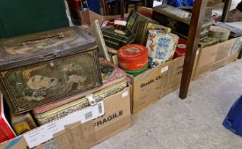 Three boxes of assorted antique and later advertising tins, together with one volume 'In