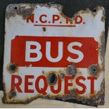 Original enamel sign (double sided) - BUS REQUEST - Approx size: 30.5cm x 30.5cm