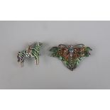 Silver and enamel butterfly brooch together with silver and enamel horse and rider brooch