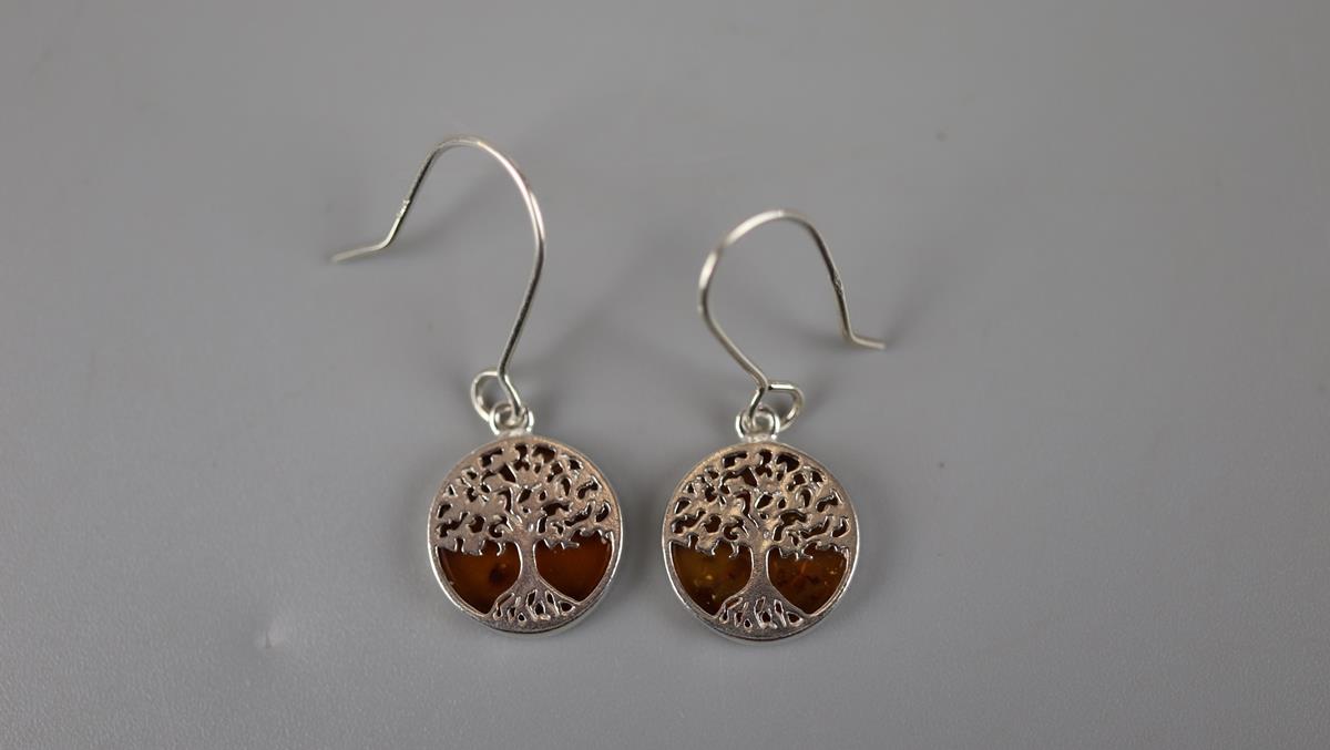 Pair of silver & amber tree of life earrings