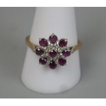 9ct gold ruby & diamond set cluster ring - Size: T½