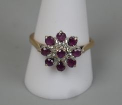 9ct gold ruby & diamond set cluster ring - Size: T½