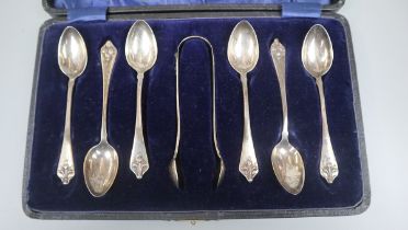 Cased set of silver tea spoons and tongs 1918 Birmingham - Approx weight 102g