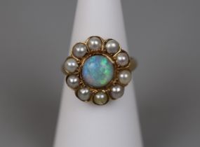 Antique 18ct gold opal and pearl set cluster ring - Size K