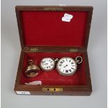 Walnut jewellery box containing 2 pocket watches and gold plated watch case