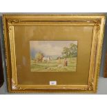 Watercolour hay making scene signed Vernon Foster - Approx image size: 25cm x 17cm