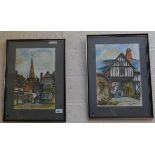 2 signed painted prints - The Market Place Evesham & The Gateway Evesham signed Barbara Bowen