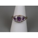 9ct gold amethyst and diamond set ring - Size O