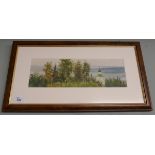 Signed French watercolour - Rural scene with church - Approx image size: 36cm x 11cm