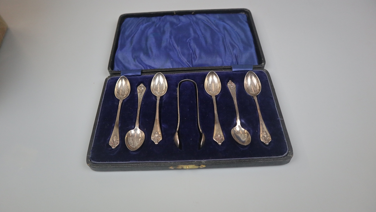 Cased set of silver tea spoons and tongs 1918 Birmingham - Approx weight 102g - Bild 2 aus 3