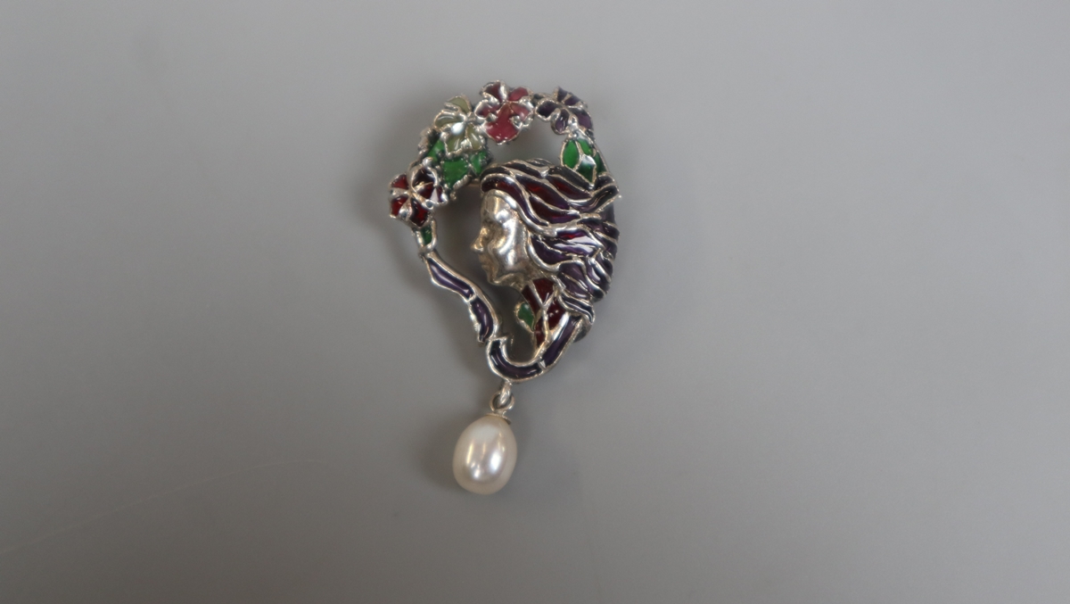 Silver & Plique-…-jour enamel pearl drop brooch