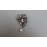Silver & Plique-…-jour enamel pearl drop brooch