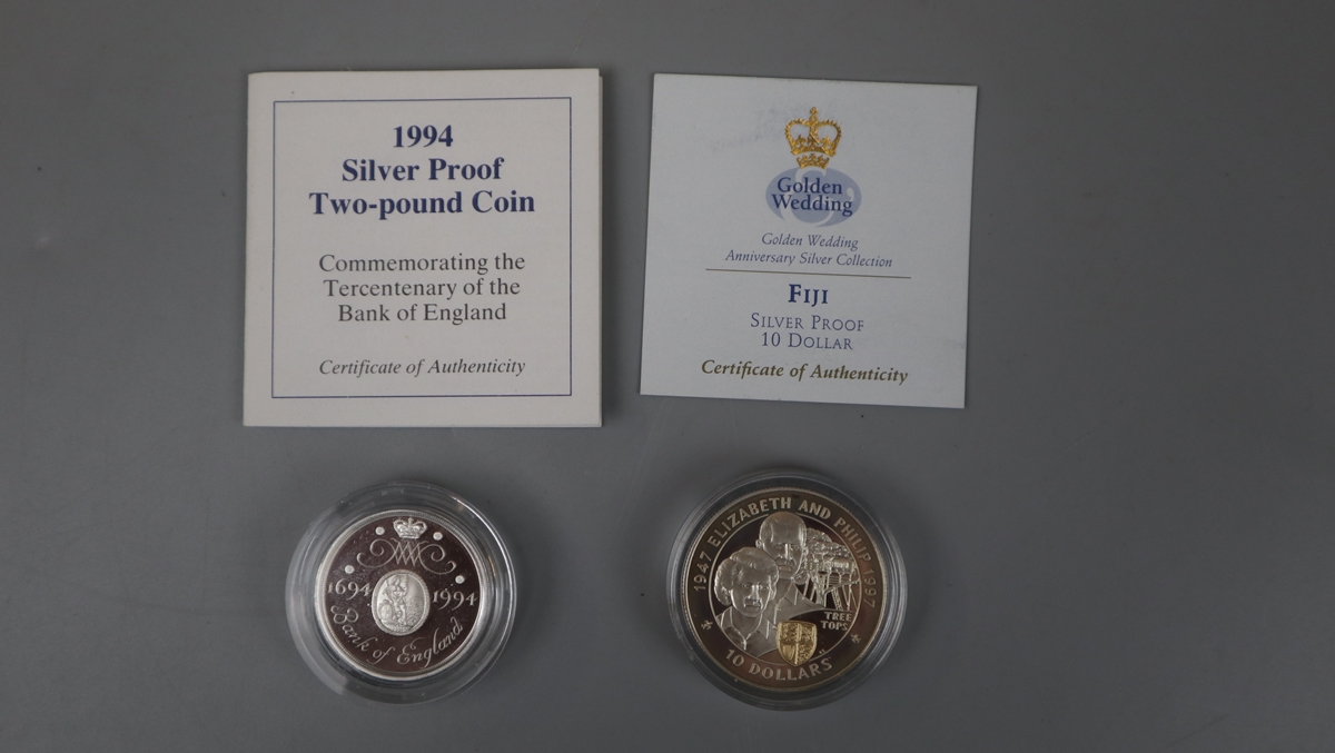 Fiji 1947-1997 Silver Proof $10 Dollars Coin together with 1994 United Kingdom Silver Proof œ2