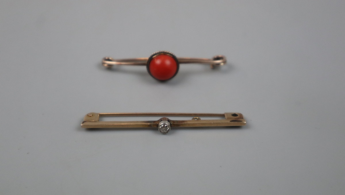 9ct gold diamond set bar brooch together with 9ct gold coral set brooch