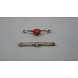 9ct gold diamond set bar brooch together with 9ct gold coral set brooch