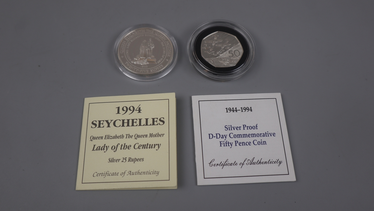 1944 - 1994 D DAY COMMEMORATIVE 50p Silver Proof coin together with 1996 Seychelles silver proof