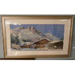 Framed embroidered Alpine scene