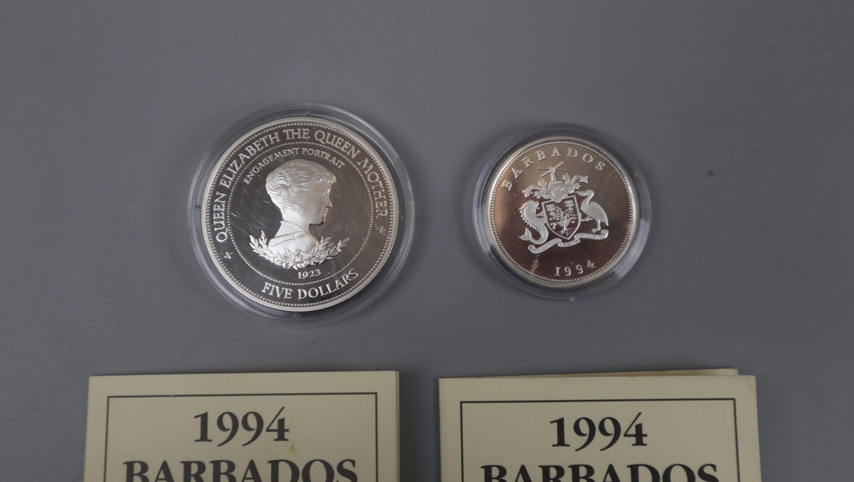 2 silver proof coins 1994 Barbados Lady of the Century $1 & $5 both with C.O.A