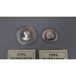 2 silver proof coins 1994 Barbados Lady of the Century $1 & $5 both with C.O.A