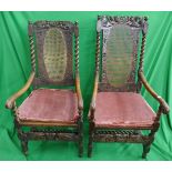 2 carved barley-twist bergere armchairs