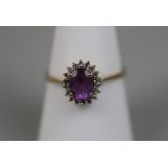 9ct gold amethyst and diamond cluster ring - Size: P