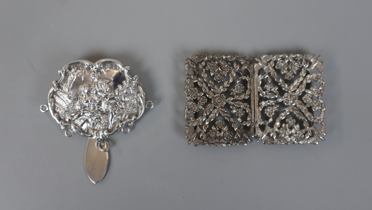 Hallmarked silver Chatelaine clasp together with a silver plated belt buckle