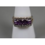 9ct gold amethyst and diamond set ring - Size Q