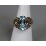 9ct gold blue topaz diamond set ring - Size N