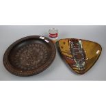 Studio pottery plate together with carved wooden bowl