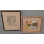 Watercolour of Bourton-on-the-Water signed A Tooke together with a signed sketch of man