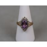 9ct gold amethyst & diamond set ring - Size: O½